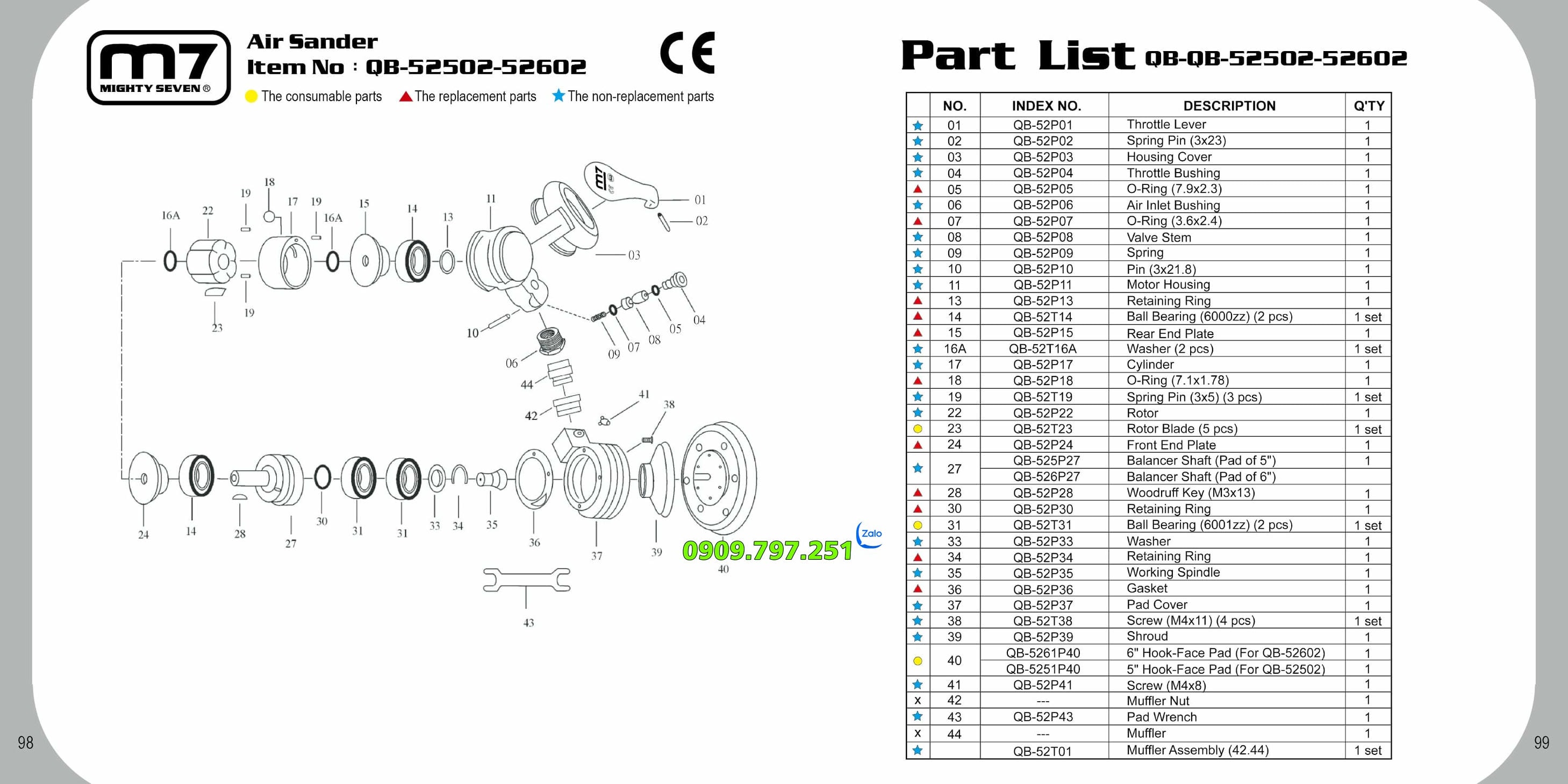 QB-52502 Máy chà nhám tròn 5 inch (125mm) dùng khí nén hãng M7 Đài Loan