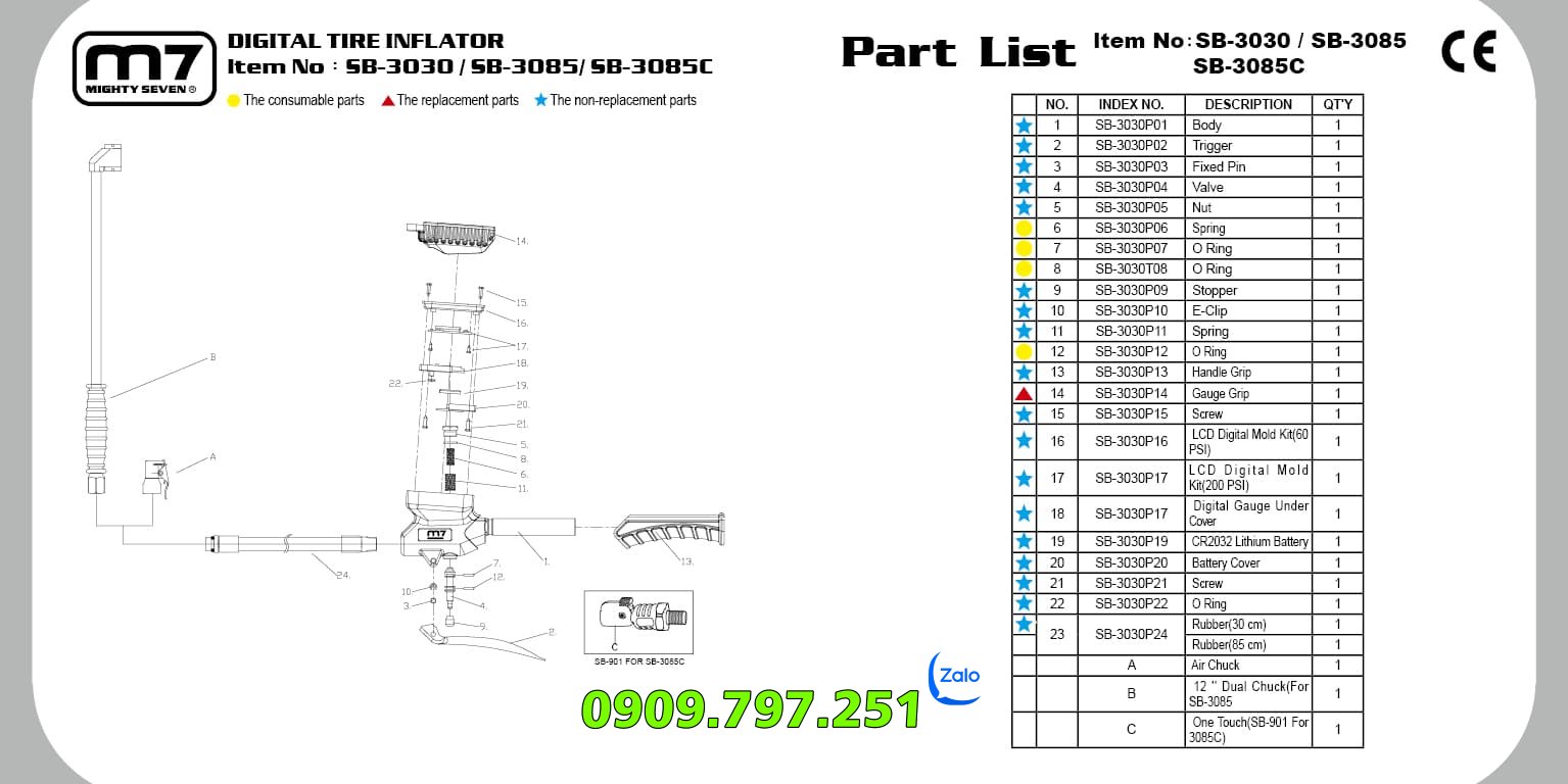 SB-3030 Đồng hồ đo áp suất lốp ô tô xe máy bằng điện tử hãng M7 Đài Loan